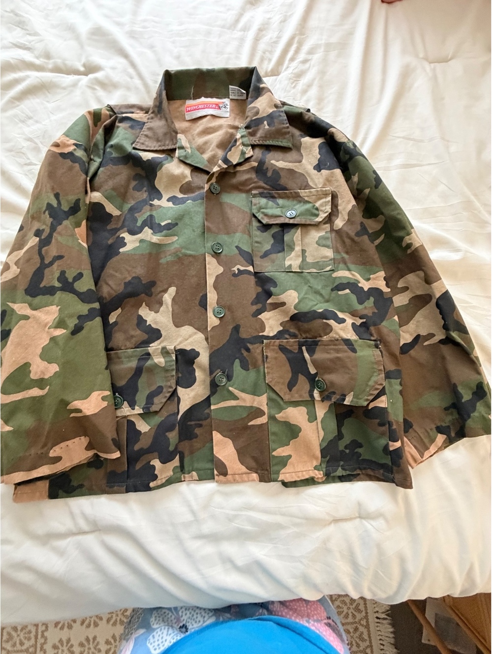 Vintage Winchester Woodland Camo Hunting Jacket Cotton Button Field Coat L 90s